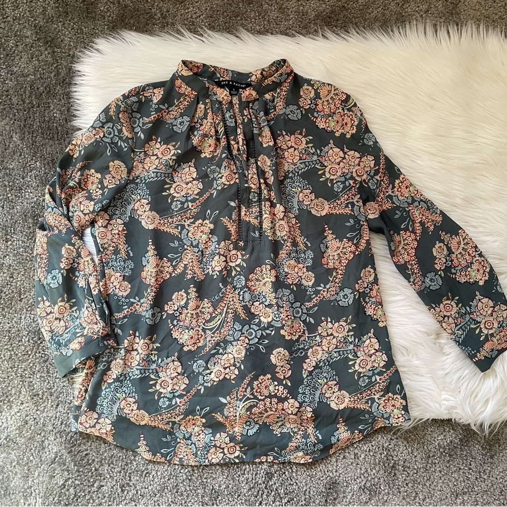 Zac & Rachel Blue Floral 3/4 Sleeve Blouse Size Small